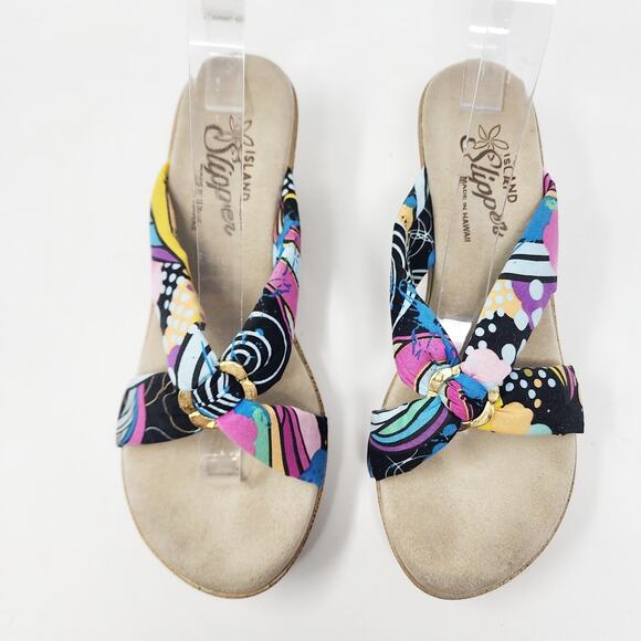 Island Slipper Wedge Women 8 Colorful Pink Black Fabric with Gold Ring Comfort - Picture 4 of 10